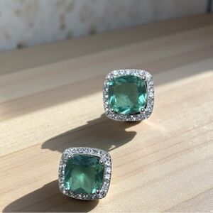 GREEN QUARTZ Stud Earrings, Lab Created Square Pierced GRN and Silver Tone
